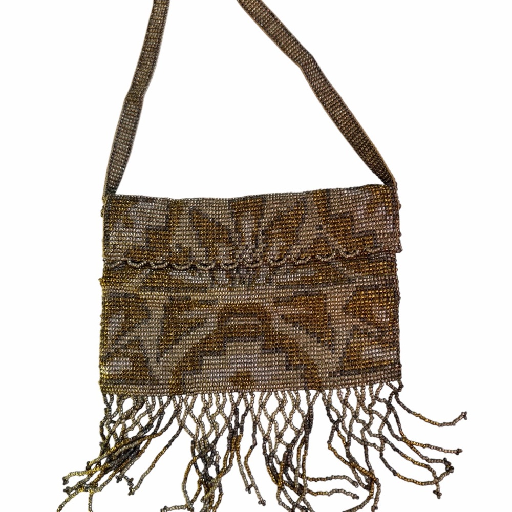Antique Beaded Mini Bag w/fringe silver, gold & pewter beads - elegant & in EUC!